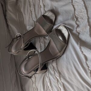 Metallic Block Heel Sandals - Women's Silver Strappy Heels